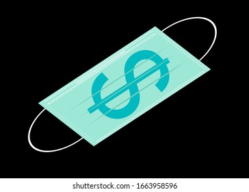 A protective mask with dollar sign isolated on black background. Concept about health, hygiene, hospitality, medical and economic.