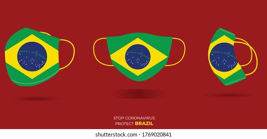 Máscara protectora con vector de bandera de Brasil, aislado en el fondo rojo. Simbolizando la enfermedad de Coronavirus o Covid-19 en Brasil.