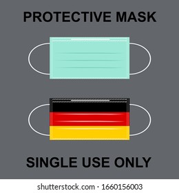 A protective mask with Germany flag pattern isolated on gray background. There’s a word PROTECTIVE MASK above and SINGLE USE ONLY under the masks. Concept about health, avoiding, hygiene hospitality.