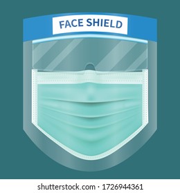 Protective Mask, Glasses And Face Shield, Coronavirus, 2019-nCoV, Covid-19, Lassa Fever,  PM 2.5, Wear A Mask, Vector Illustration, Isolated On Blue Background.