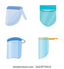 Protective mask icons set cartoon vector. Clear safety shield screen mask. Personal protective equipment