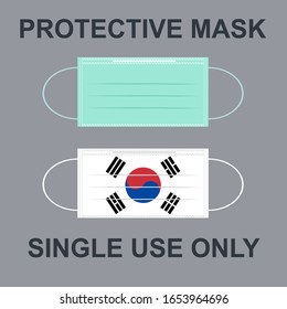 A protective mask with Korean flag pattern isolated on gray background. There’s a word PROTECTIVE MASK above and SINGLE USE ONLY under the masks. Concept about health, avoiding, hygiene hospitality.