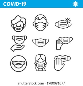 Protective mask line icon set. Coronavirus. Virus, wearing mask, corona, pandemic, medical mask.