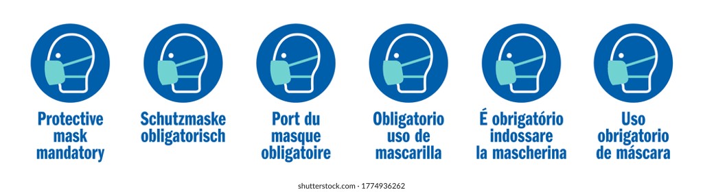 Protective mask mandatory in 6 languages : english, german, french, spanish, italian and portuguese