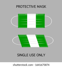 ึ A protective mask with Nigeria flag pattern isolated on gray background. There’s a word PROTECTIVE MASK above and SINGLE USE ONLY under the masks. Concept about health, avoiding, hygiene hospitali