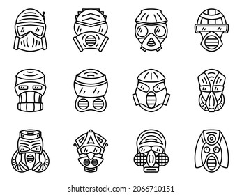 Protective mask, respirator, gas mask. Anti-chemical, anti-radiation, anti-atomic protection of the head and breathing. A set of vector icons, outline, isolated. Editable stroke.