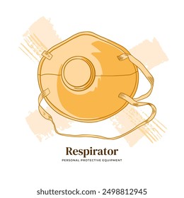 Protective mask. Respirator with valve. Vector illustration. Protection from construction dust. Line art, yellow warning color. Work clothes. Industrial safety