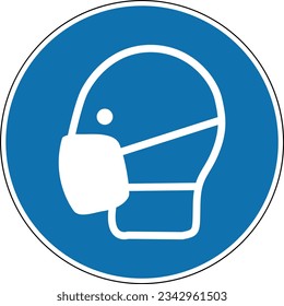 Protective mask sign. Mandatory sign. Round blue sign. Wear a protective mask. Protective mask for the face. Respiratory protection.