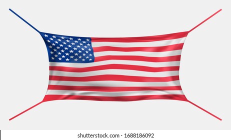 Protective mask in the style of Us flag. USA flag banner. Abstract facial mask. Health care and hygiene product. Stay away from harmful germs and coronaviruses. Covid-19 outbreak. 3D Vector object