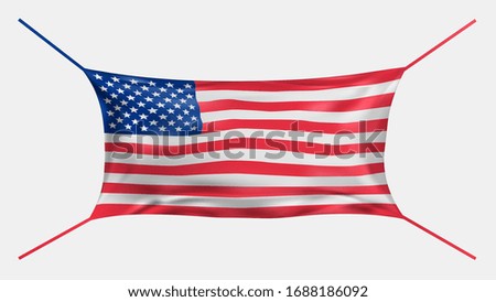 Protective mask in the style of Us flag. USA flag banner. Abstract facial mask. Health care and hygiene product. Stay away from harmful germs and coronaviruses. Covid-19 outbreak. 3D Vector object