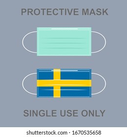 A protective mask with Swedish flag pattern isolated on gray background. There’s a word PROTECTIVE MASK above and SINGLE USE ONLY under the masks. Concept about health, avoiding, hygiene hospitality.