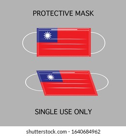 A protective mask with Taiwan flag pattern isolated on gray background. There’s a word PROTECTIVE MASK above and SINGLE USE ONLY under the masks. Concept about health, avoiding, hygiene hospitality.