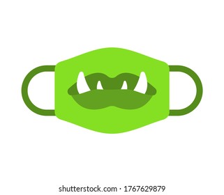 Protective mask template with Goblin green mouth. Coronavirus protection. Homemade mask model. Individual mask design with teeth COVID-19. Pandemic self-isolation