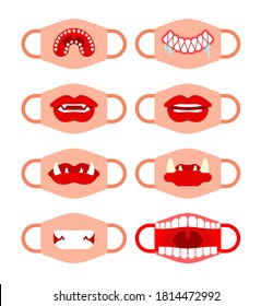Protective mask template with mouth set. vampire mouth and Female lips. Coronavirus protection. Homemade mask model. Individual mask design with teeth COVID-19. Pandemic self-isolation