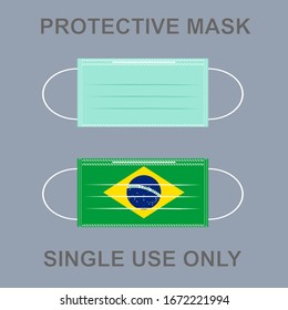 A protective mask witch Brazil flag pattern isolated on gray background. There’s a word PROTECTIVE MASK above and SINGLE USE ONLY under the masks. Concept about health, hygiene hospitality and etc