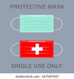 A protective mask witch Switzerlandflag pattern isolated on gray background. There’s a word PROTECTIVE MASK above and SINGLE USE ONLY under the masks. Concept about health, hygiene hospitality and etc