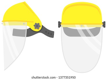 Protective mask to work with the grinder. Covers the face completely. Look in the face and in profile. Yellow mask. Vector isolated image with transparency.