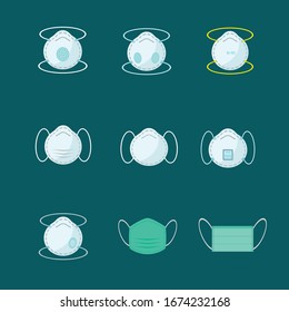 Enmascaramiento médico protector conjunto de ilustraciones vectoriales planas. Máscara De Cara Para Prevenir El Coronavirus, Virus Covid-19, Humo, Pollución De Polvo Y Aire, Salud, Covid, Respiratorio, Seguridad, Protección.