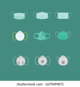 Protective mask,Medical masks flat vector illustrations set. Face pollution mask. among dust pm2.5 danger protection or health disease cough breath protective devices allergy for hospital flat vector.