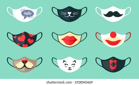 Protective masks with cool drawings set. Stylish black mustache colorful red hearts big painted lips with clown mask and cute white kitten face fun protection against coronavirus. Vector safety.