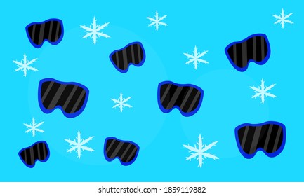 Protective masks for snowboarding and patterns of snowflakes On a bright blue background wallpaper for design concept of the cold season