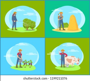 Protective measurements on land, spraying bushes from incests. Hayrick and man with hayfork, person watering plantation of aubergines eggplants vector