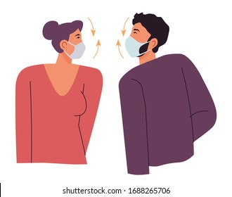 Protective measures against coronavirus spreading, people wearing means of individual care. Characters in masks talking, personages standing close to each other. Infected human vector in flat