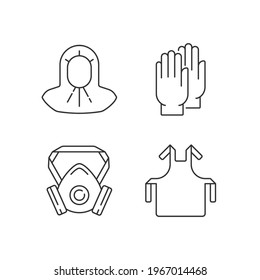 Protective medical equipment linear icons set. Disposable gloves. Doctor uniform. Quarantine safety. Customizable thin line contour symbols. Isolated vector outline illustrations. Editable stroke