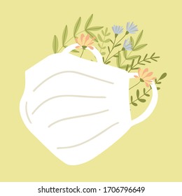 Protective medical face mask. Spring time inspiration. Vector illustration.