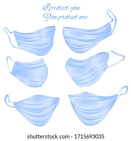 
Protective medical face masks wearing protection from virus covid-19, urban air pollution, smog, vapor, pollutant gas emission set  vector illustration editable hand drawn 