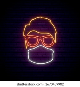 Protective medical mask neon sign. Man wearing protective medical mask and glasses. Vector concept design in trendy neon style.