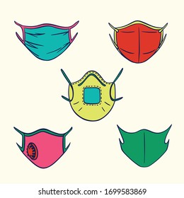 Mascarillas médicas protectoras. Conjunto de ilustraciones vectoriales. Contaminación del aire, contaminación del medio ambiente, prevención de enfermedades. Diversos respiradores para la atención de la salud en el estilo dibujado a mano aislados en fondo blanco. 