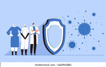 Protective medical personnel stand behind a large shield and protect the world from the new 2019-nCoV coronavirus. COVID-2019 virus control concept