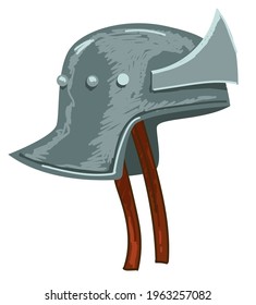 Protective medieval headwear with stripes for fixation, isolated helmet made of metal. Soldiers or knight antique armour. Historical exponent in museum exhibition. Vector in flat style illustration