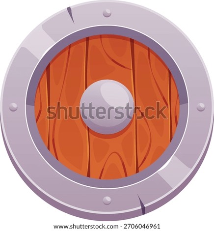 Protective medieval knight shield round shape cartoon vector icon. Ancient warrior crafted with wood and metal armor ammunition. Defense equipment in the battle. Old warrior war game asset