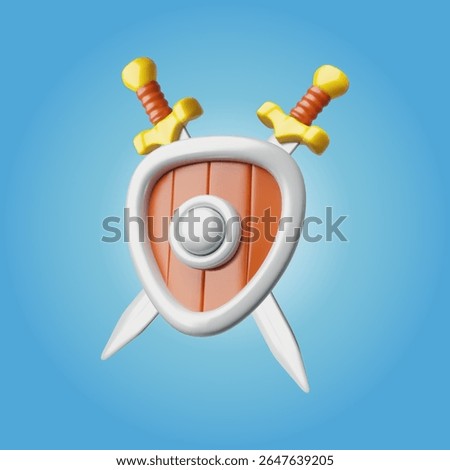 Protective medieval knight shield with two swords 3D cartoon plastic style vector illustration. Armor ammunition and weapon. Defense equipment in battle. Ancient warrior render game asset