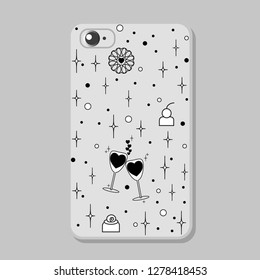 Protective mobile phone case with elements  for Valentine's Day on white background. Vector drawing in linear style.
