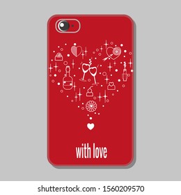 Protective mobile phone case with elements for Valentine's day on bright red background. Outline style elements in white color. Vector drawing for holiday, birthday.