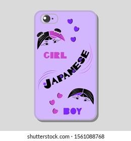 Protective mobile phone case with elements for Valentine's day. Japanese girl and boy are friends and love. Vector drawing for holiday, birthday.