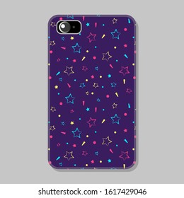 Protective mobile phone case with memphis background with geometric elements and shapes stars on dark blue backdrop. Vector illustration in trendy color palette with hand-drawn pattern.