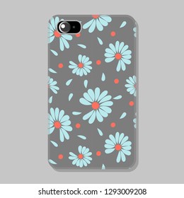 Protective mobile phone case with romantic background in pastel trendy colors. Chamomile flowers, petals. Vector illustration.