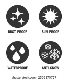 Schützende Mehrjahreseigenschaften von Material oder Oberfläche - wasserdicht, schneesicher, staubdicht und sonnenbeständig. Flachsymbole in Kreisform, zum Verpacken und Etikettieren