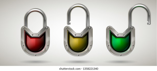 Protective padlock with metal frame and safety glass in the open and closed position. Realistic style. Isolated background. Network, cyber or personal data security concept for poster, web design