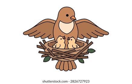  Protective Parent Bird Sheltering Chicks in Nest Illustration.