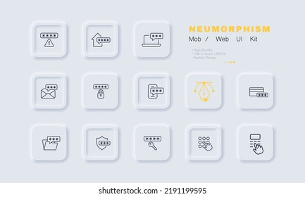 Protective passwords set icon. Security system notification, home, laptop, envelope, lock, phone, bank card, protected folder, shield, key, enter. Privacy concept. Neomorphism style. Vector line icon.