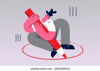 Protective personal borders and loneliness concept. Young stressed man cartoon character sitting drawing circle around with red pencil feeling alone vector illustration