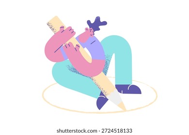 Proteger fronteiras pessoais e conceito de solidão. Jovem estressado personagem de desenho animado sentado círculo de desenho ao redor com lápis vermelho sentindo sozinho ilustração vetorial
