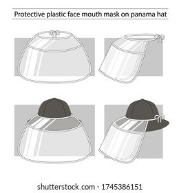 Protective plastic face mouth mask on panama hat vector illustration