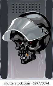 a protective police shield with a black skull