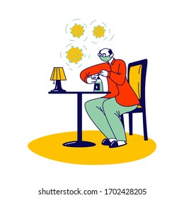 Medidas de protección y prevención debidas a la pandemia del Coronavirus. Personaje masculino en aislamiento de cuarentena usando máscara médica cubriendo manos con gel antibacteriano. Ilustración de vectores lineales